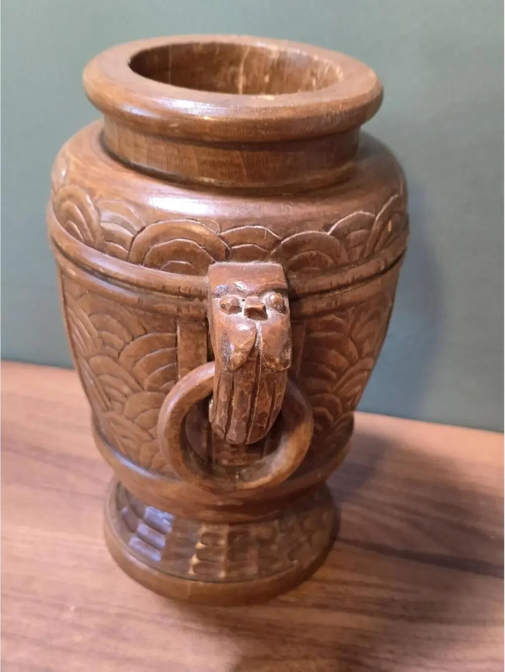 Vintage Hand Carved Wood Amphora Vase with Rings